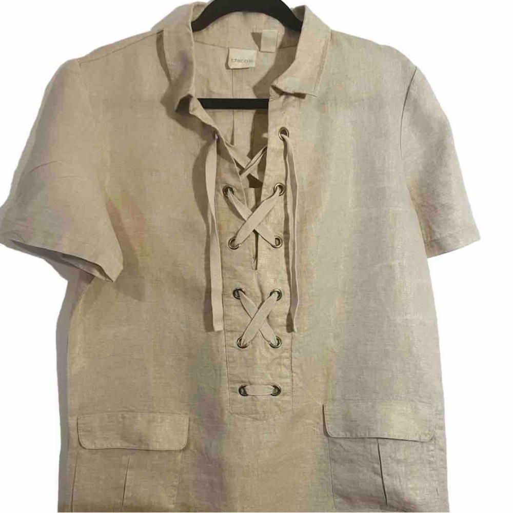 Chicos Oatmeal Foiled Waxed Metallic Linen Lace Up Shift Dress 1.5 - Picture 5 of 9